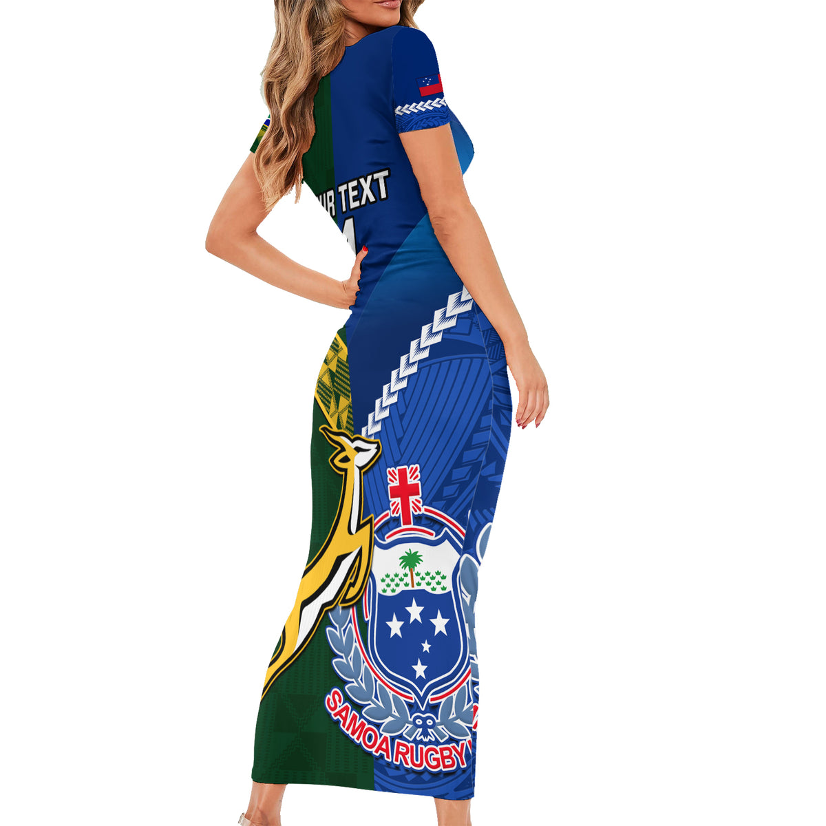 Custom Samoa And South Africa Rugby Short Sleeve Bodycon Dress 2023 World Cup Manu Samoa With Springboks LT14 - Polynesian Pride