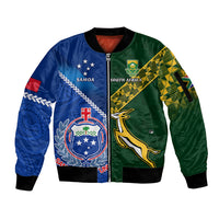 Custom Samoa and South Africa Rugby Sleeve Zip Bomber Jacket - 2023 World Cup Manu Samoa With Springboks LT14 Unisex Blue - Polynesian Pride