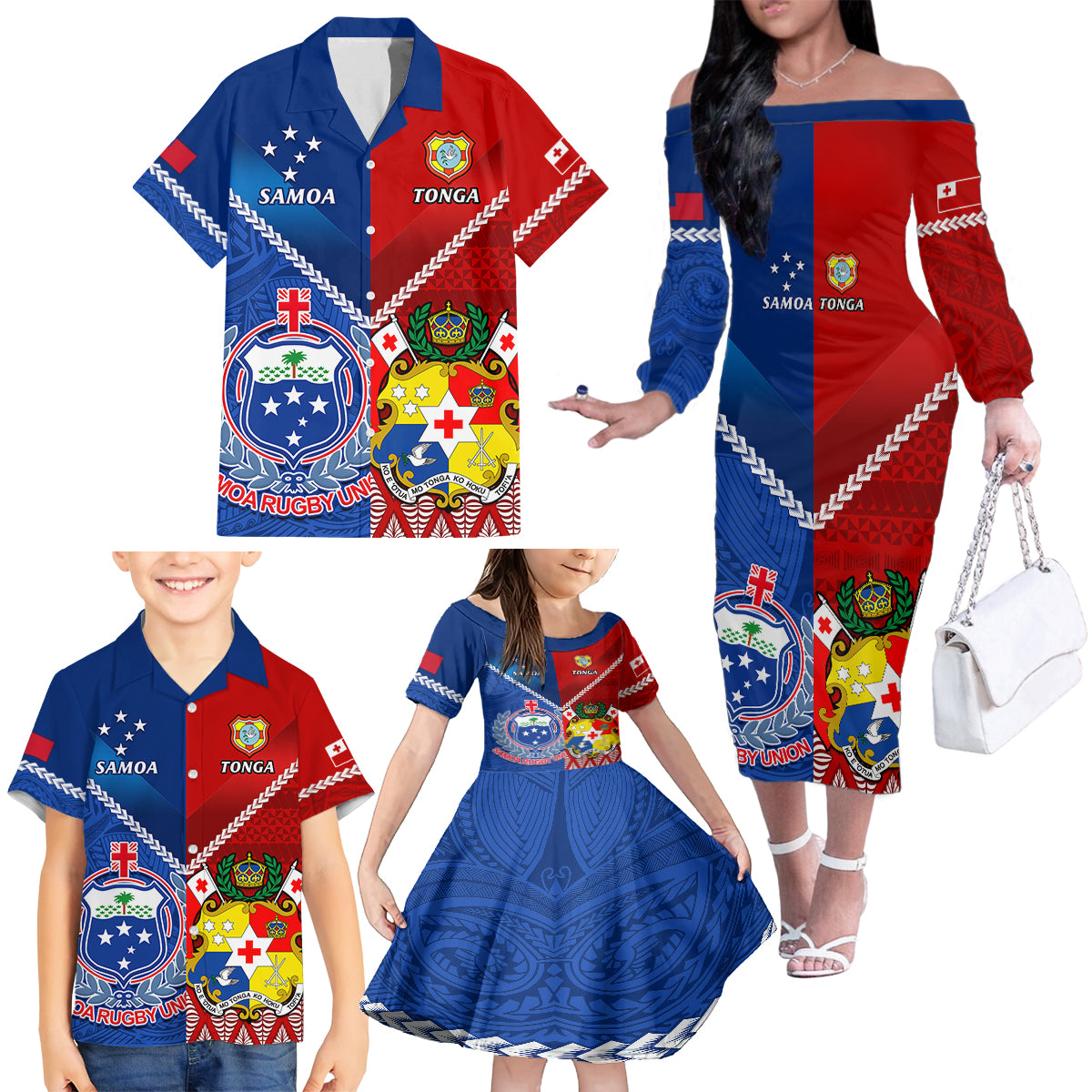 Samoa And Tonga Rugby Family Matching Off Shoulder Long Sleeve Dress and Hawaiian Shirt 2023 World Cup Manu Samoa With Ikale Tahi LT14 - Polynesian Pride