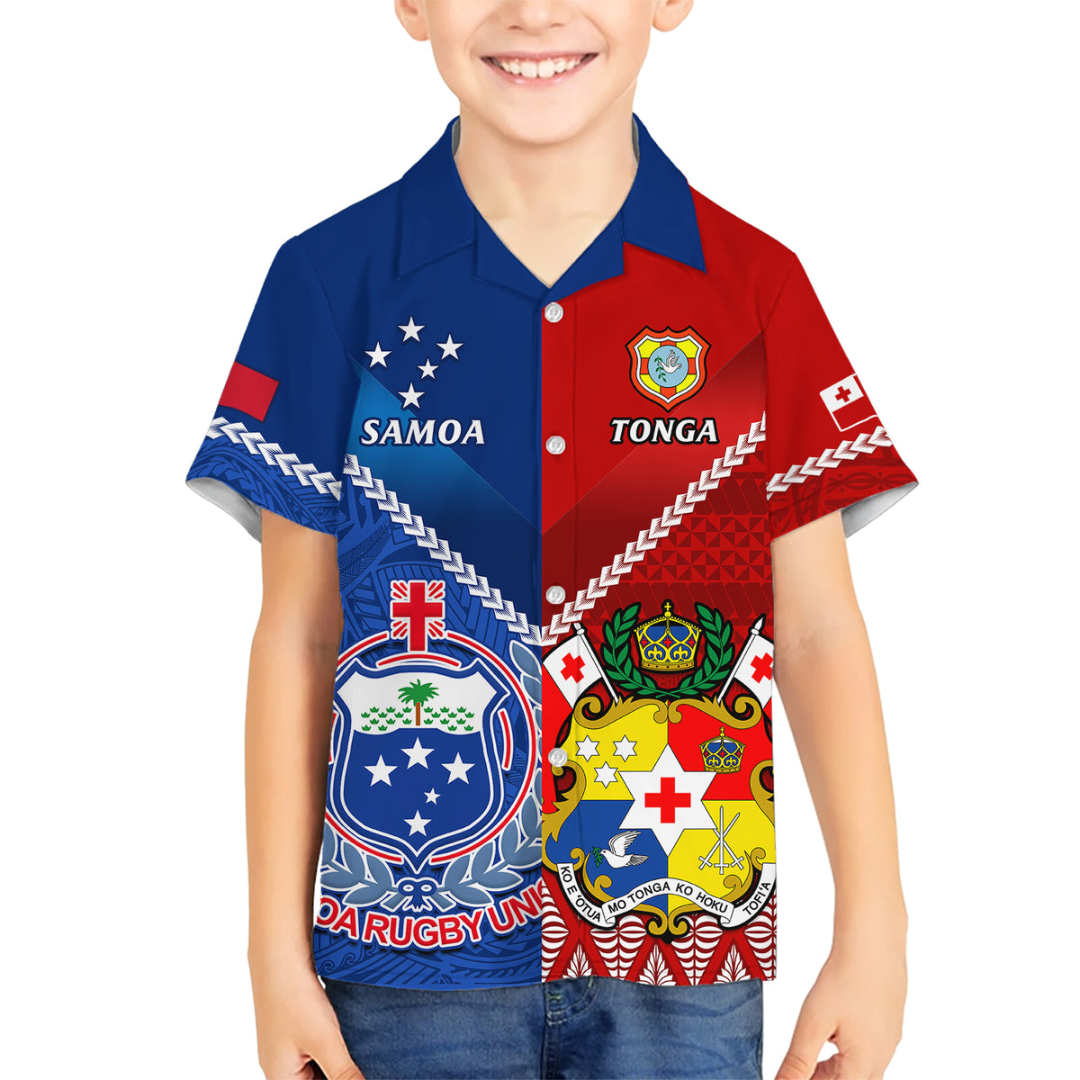 Samoa And Tonga Rugby Kid Hawaiian Shirt 2023 World Cup Manu Samoa With Ikale Tahi LT14 Kid Blue - Polynesian Pride