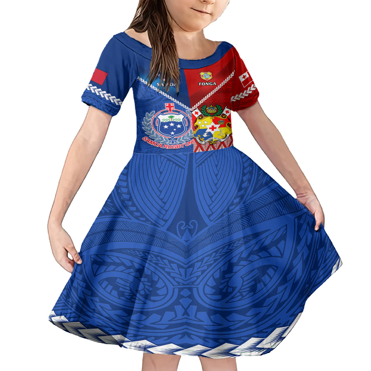 Samoa And Tonga Rugby Kid Short Sleeve Dress 2023 World Cup Manu Samoa With Ikale Tahi LT14 KID Blue - Polynesian Pride