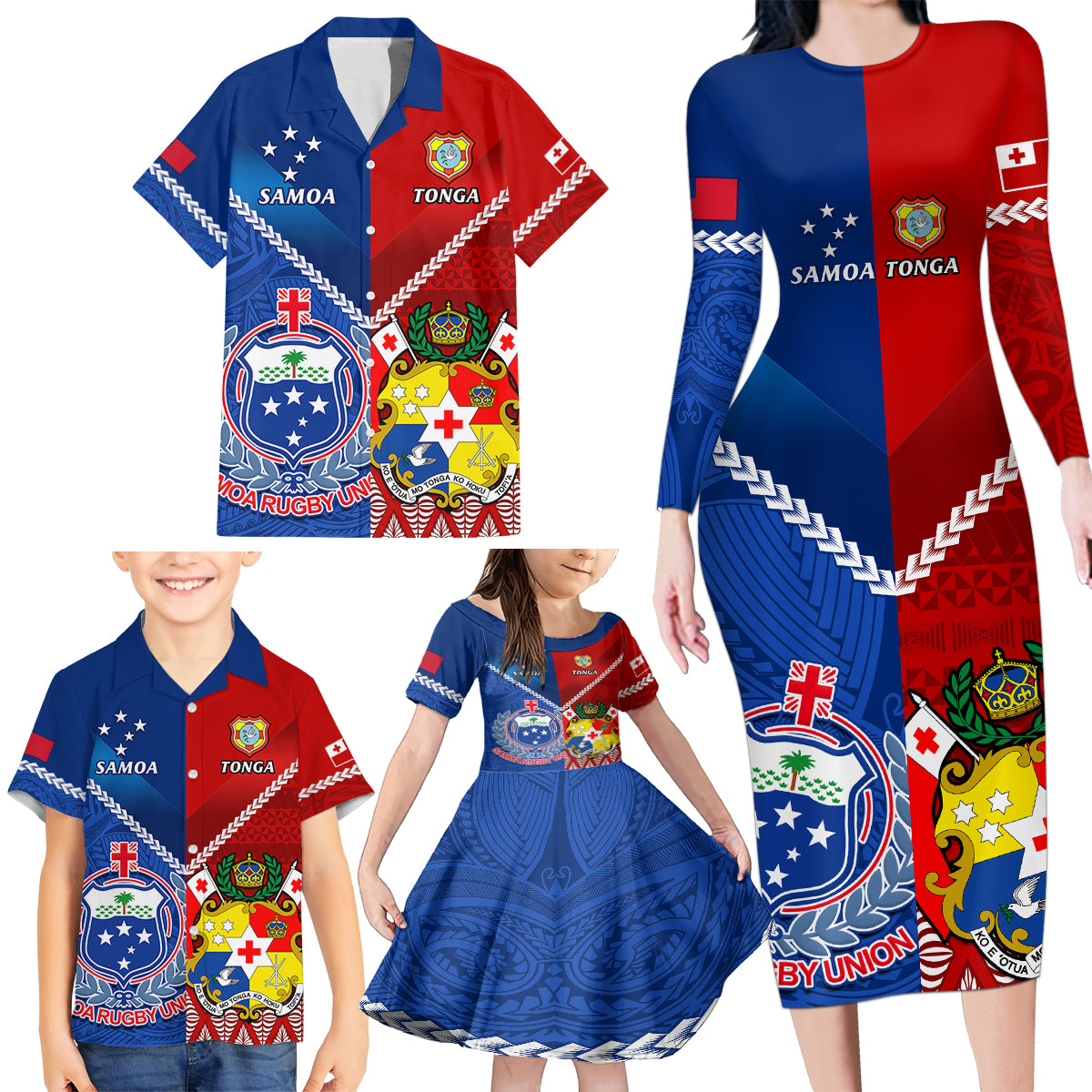 Custom Samoa And Tonga Rugby Family Matching Long Sleeve Bodycon Dress and Hawaiian Shirt 2023 World Cup Manu Samoa With Ikale Tahi LT14 - Polynesian Pride