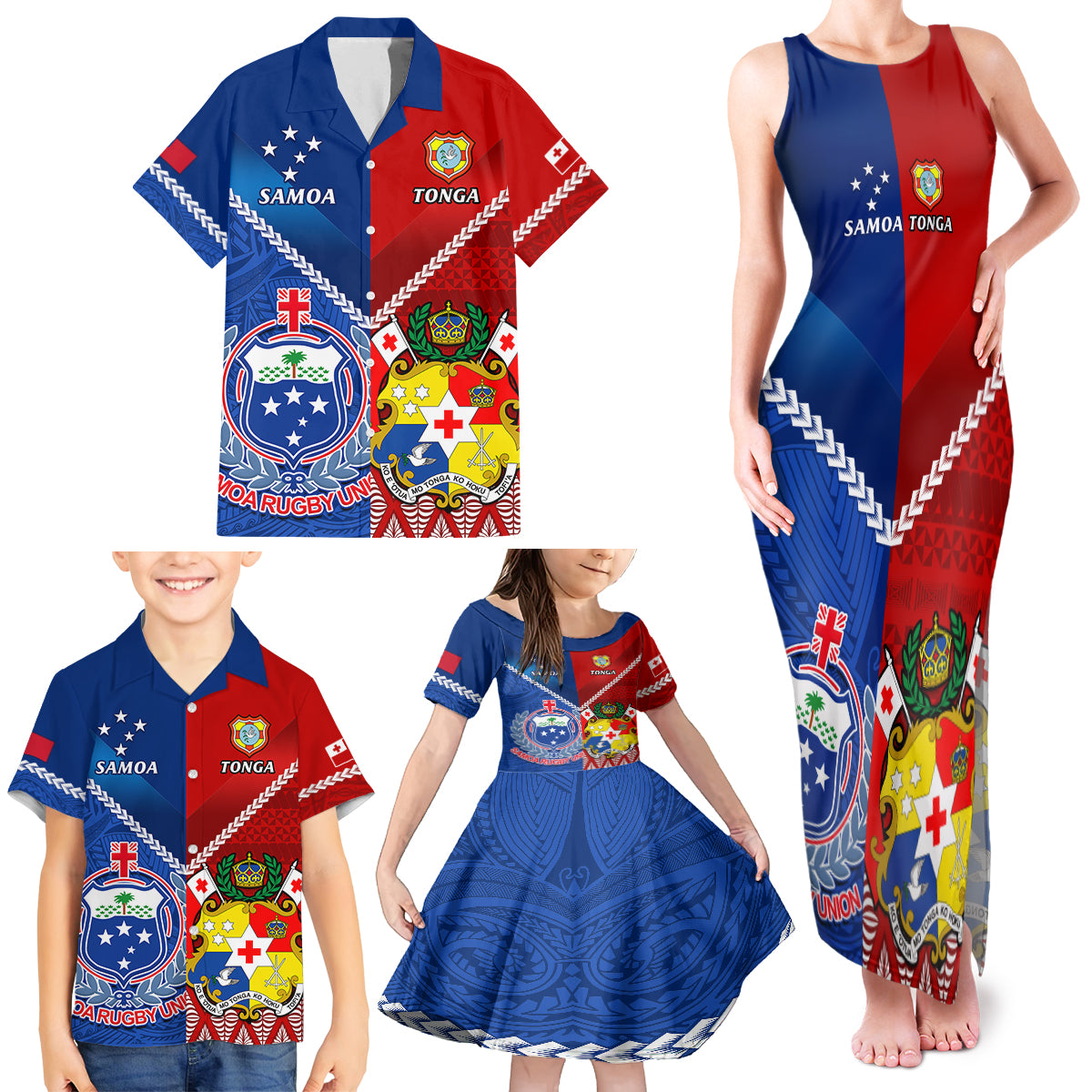 Custom Samoa And Tonga Rugby Family Matching Tank Maxi Dress and Hawaiian Shirt 2023 World Cup Manu Samoa With Ikale Tahi LT14 - Polynesian Pride