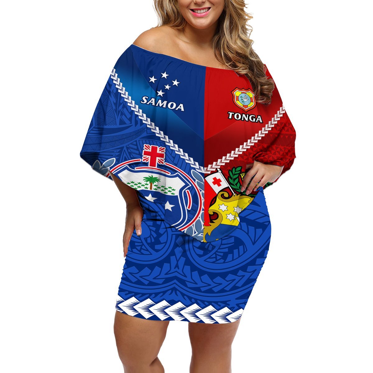 Custom Samoa And Tonga Rugby Off Shoulder Short Dress 2023 World Cup Manu Samoa With Ikale Tahi LT14 Women Blue - Polynesian Pride