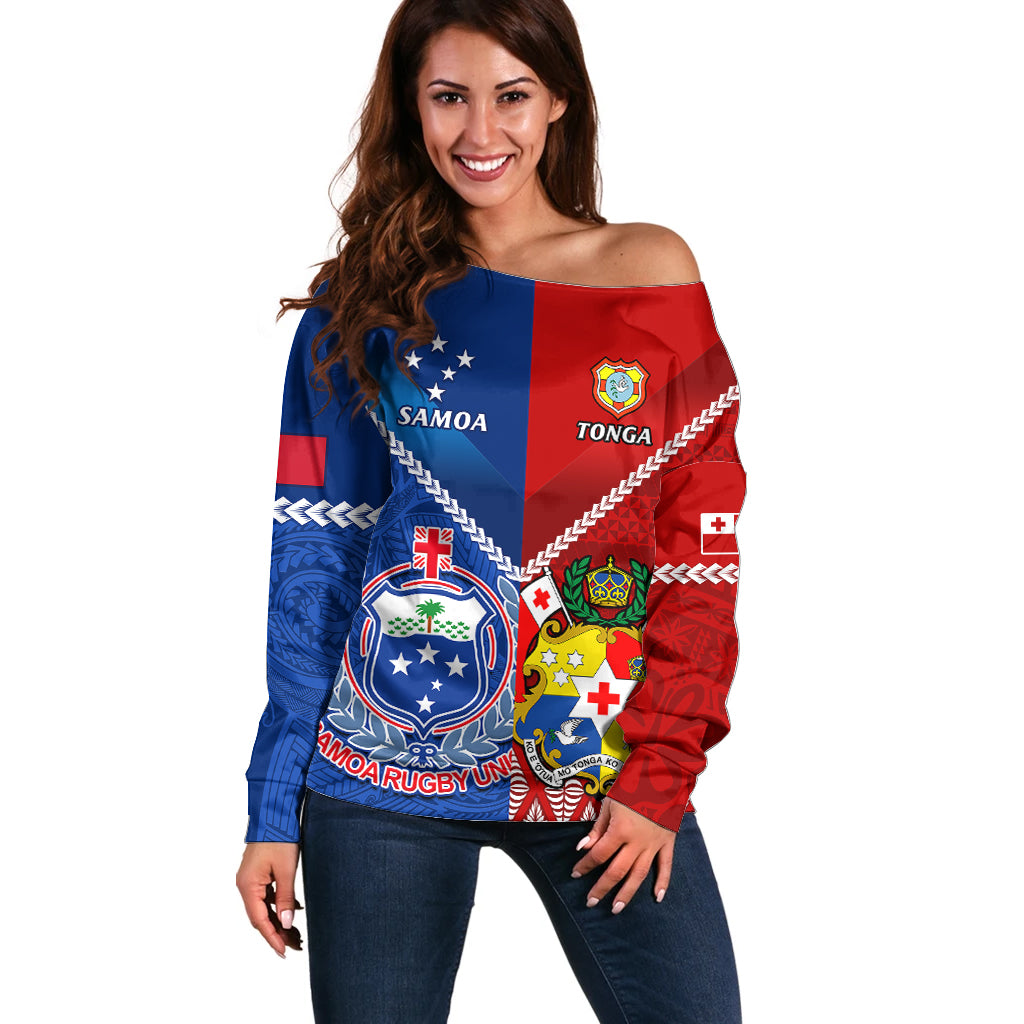 Custom Samoa And Tonga Rugby Off Shoulder Sweater 2023 World Cup Manu Samoa With Ikale Tahi LT14 Women Blue - Polynesian Pride