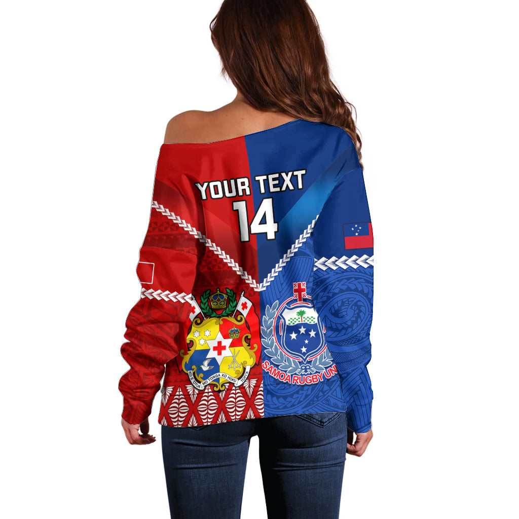 Custom Samoa And Tonga Rugby Off Shoulder Sweater 2023 World Cup Manu Samoa With Ikale Tahi LT14 - Polynesian Pride