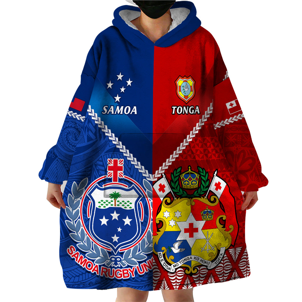 Custom Samoa And Tonga Rugby Wearable Blanket Hoodie 2023 World Cup Manu Samoa With Ikale Tahi LT14 - Polynesian Pride