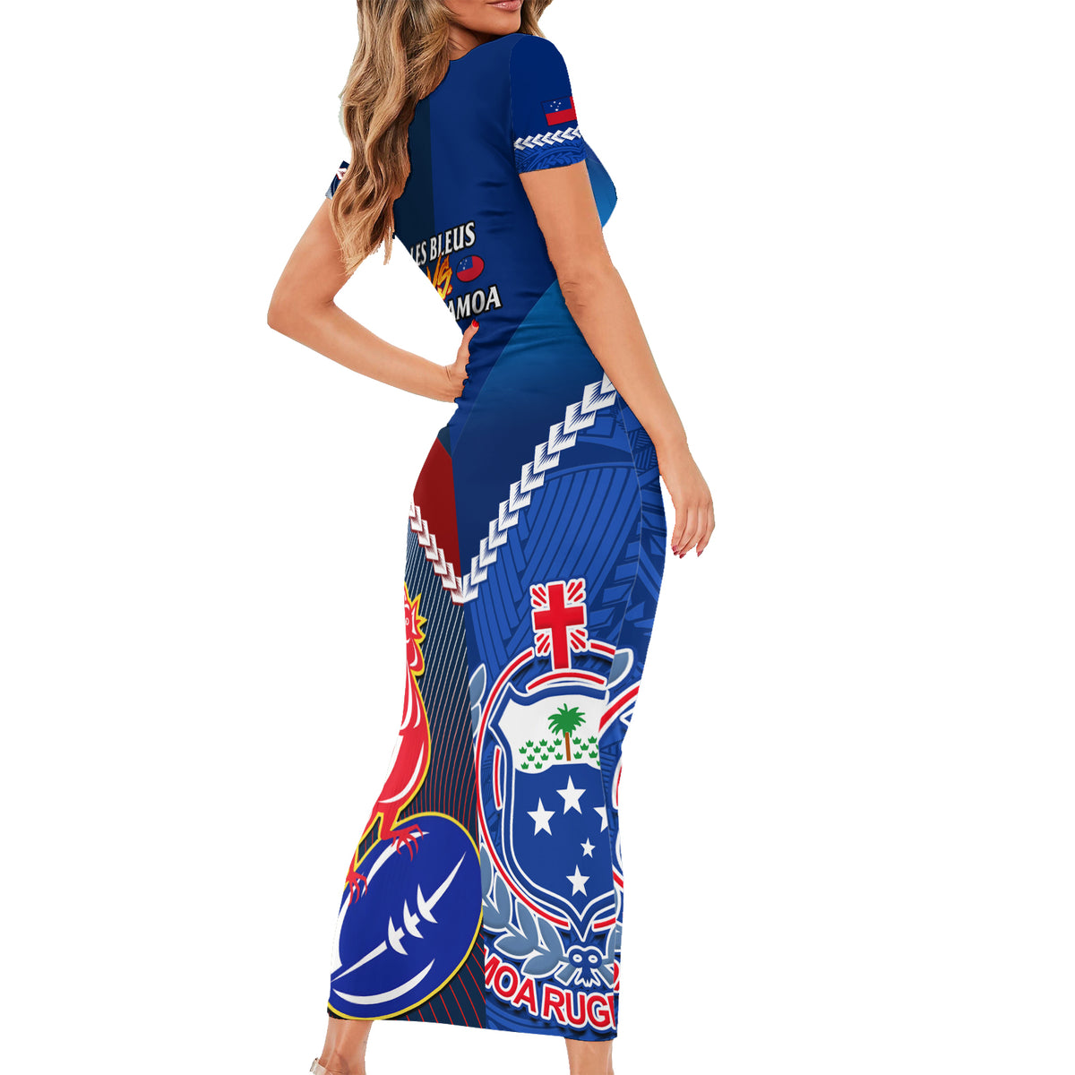 Samoa And France Rugby Short Sleeve Bodycon Dress 2023 World Cup Manu Samoa With Les Bleus LT14 - Polynesian Pride