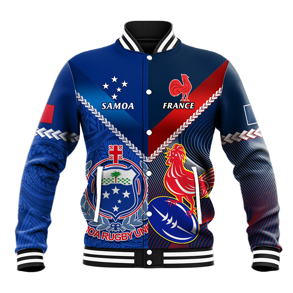 Custom Samoa And France Rugby Baseball Jacket 2023 World Cup Manu Samoa With Les Bleus LT14 Unisex Blue - Polynesian Pride