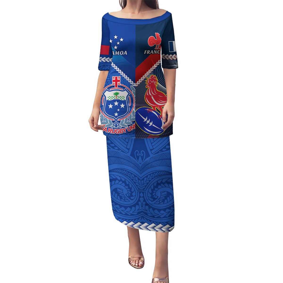 Custom Samoa And France Rugby Puletasi 2023 World Cup Manu Samoa With Les Bleus LT14 Long Dress Blue - Polynesian Pride