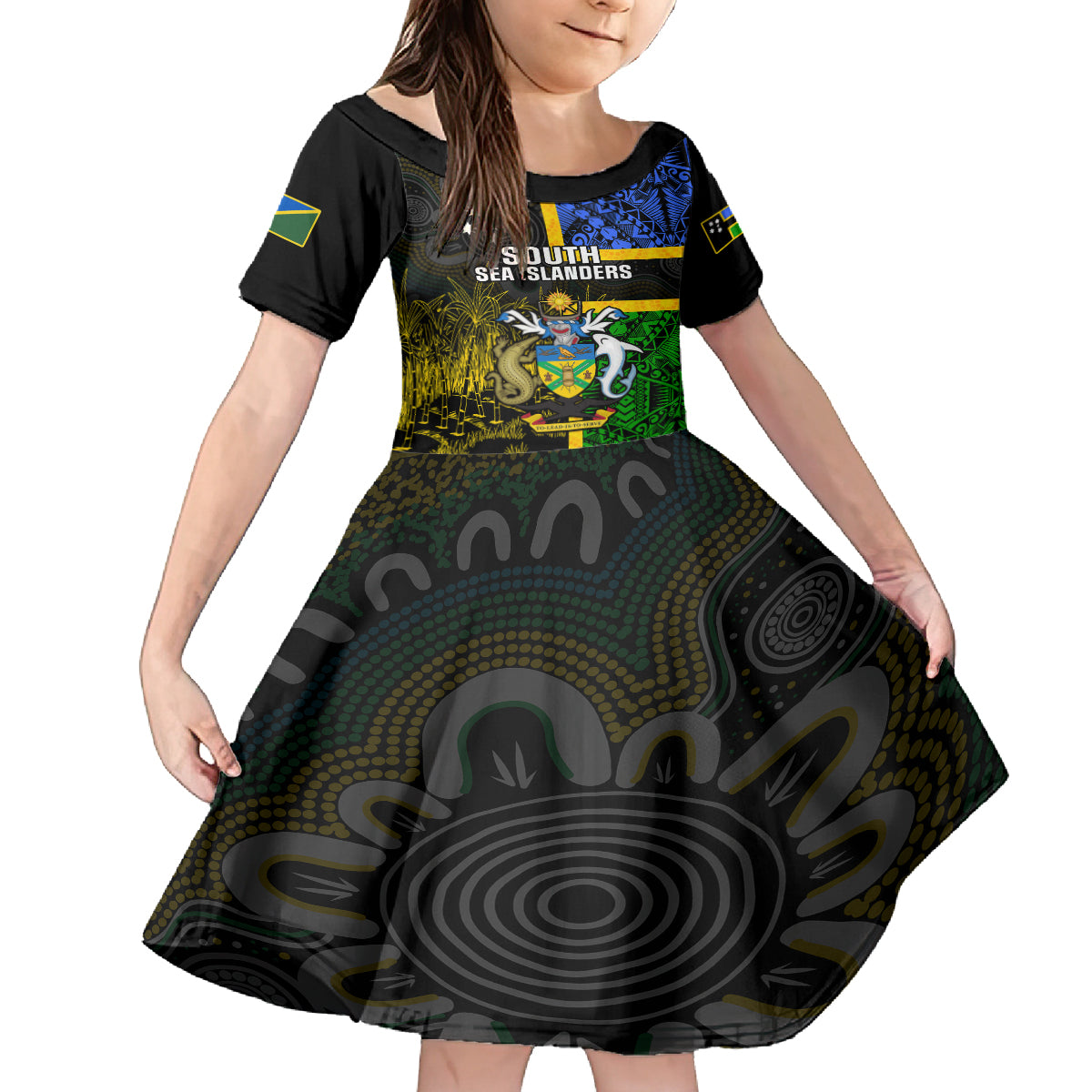 Personalised South Sea Islanders Kid Short Sleeve Dress Kanakas With Solomon Islands Coat Of Arms LT14 KID Black - Polynesian Pride
