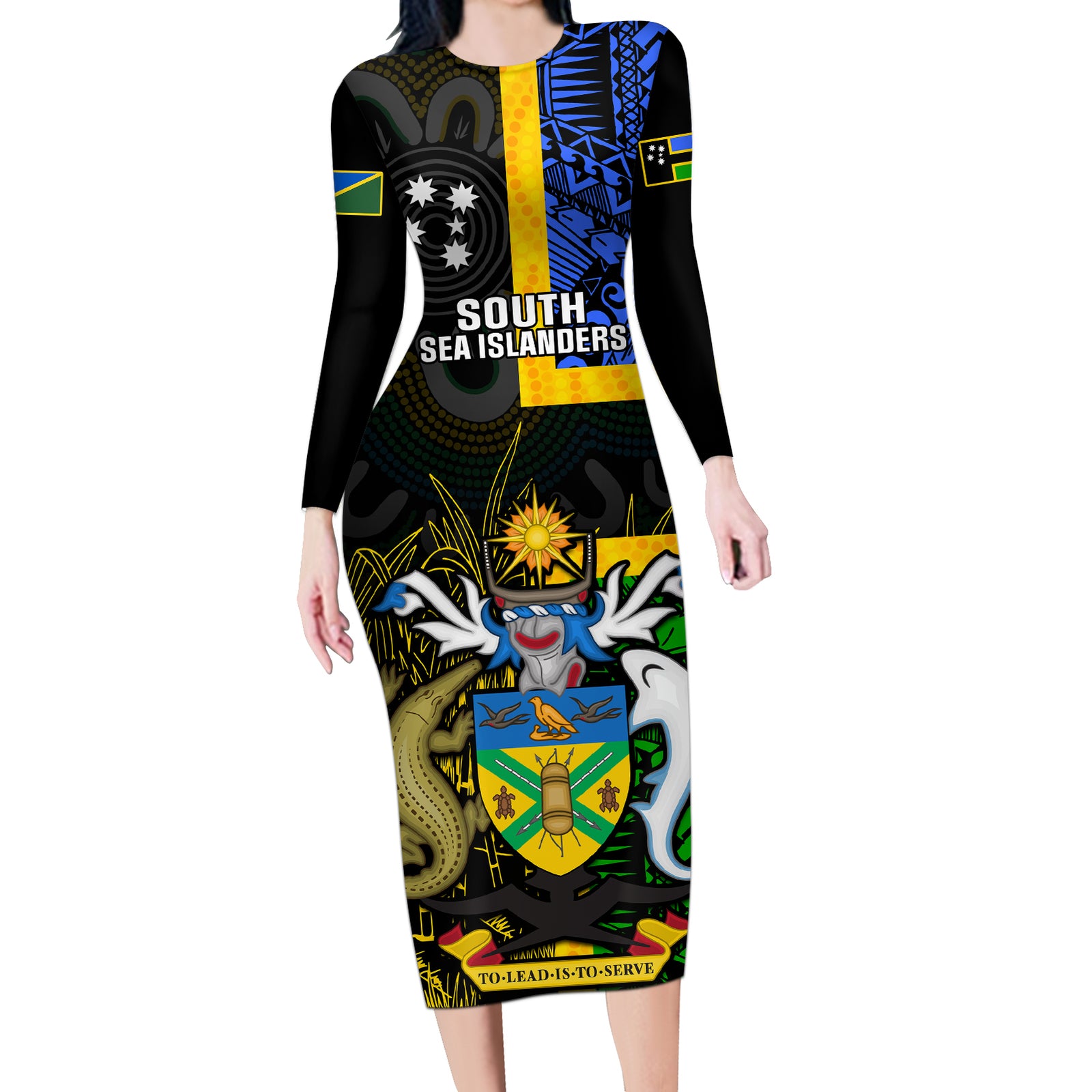 Personalised South Sea Islanders Long Sleeve Bodycon Dress Kanakas With Solomon Islands Coat Of Arms LT14 Long Dress Black - Polynesian Pride