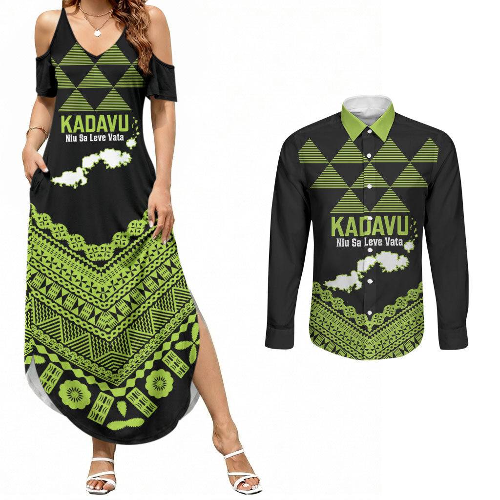 Kadavu Fiji 2026 Rugby Custom Couples Matching Summer Maxi Dress and Long Sleeve Button Shirt Niu Sa Leve Vata Fijian Tapa Pattern LT14 Black - Polynesian Pride