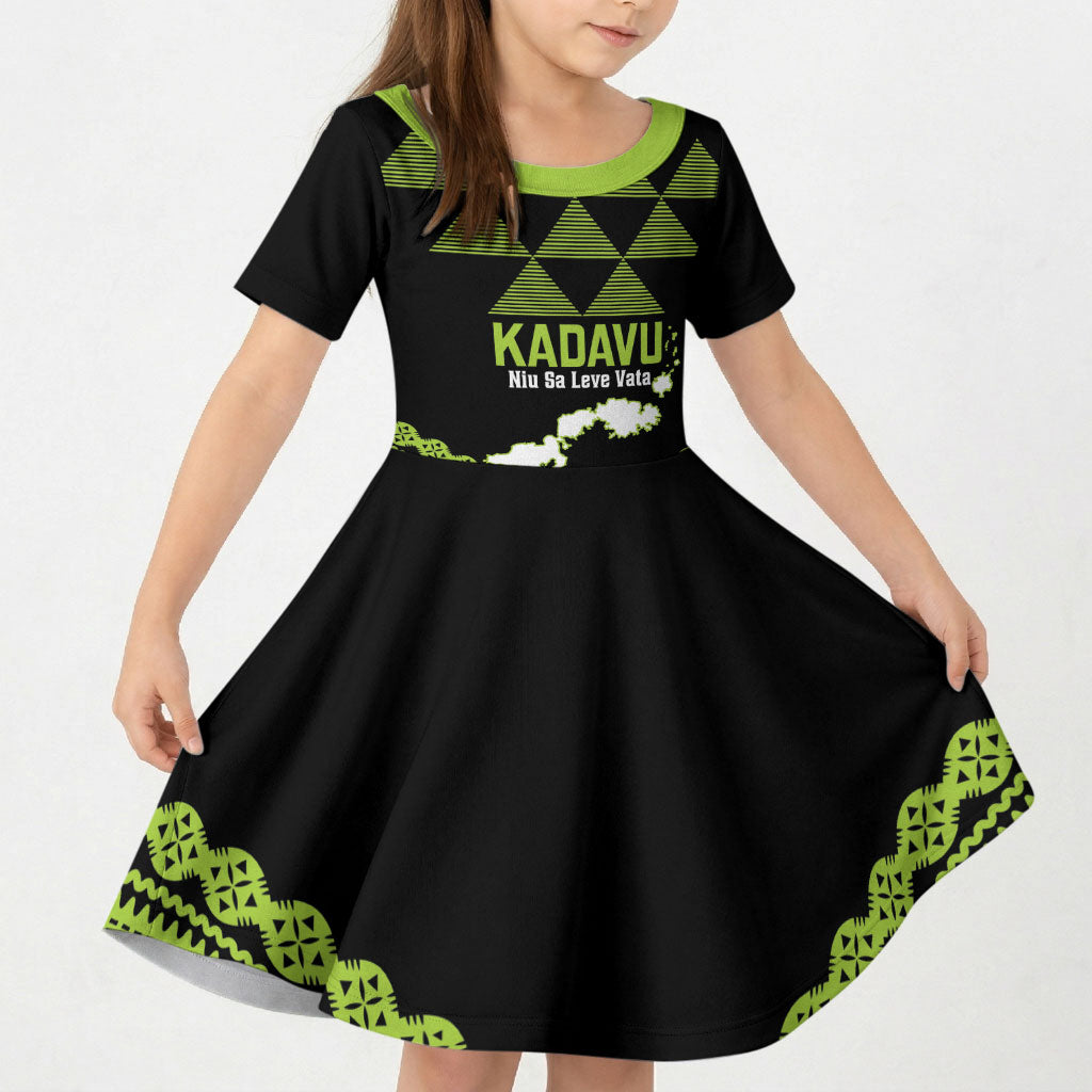 Kadavu Fiji 2026 Rugby Custom Kid Short Sleeve Dress Niu Sa Leve Vata Fijian Tapa Pattern LT14 KID Black - Polynesian Pride