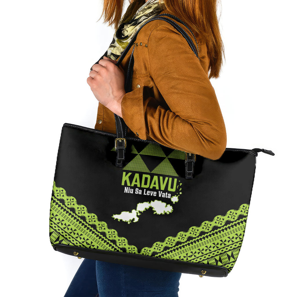 Kadavu Fiji 2026 Rugby Leather Tote Bag Niu Sa Leve Vata Fijian Tapa Pattern LT14 Black - Polynesian Pride