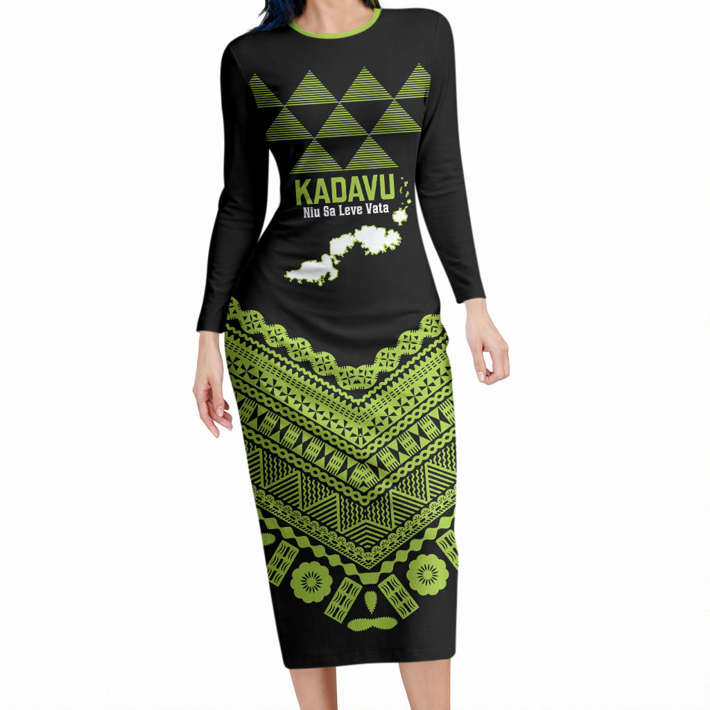 Kadavu Fiji 2026 Rugby Custom Long Sleeve Bodycon Dress Niu Sa Leve Vata Fijian Tapa Pattern LT14 Long Dress Black - Polynesian Pride