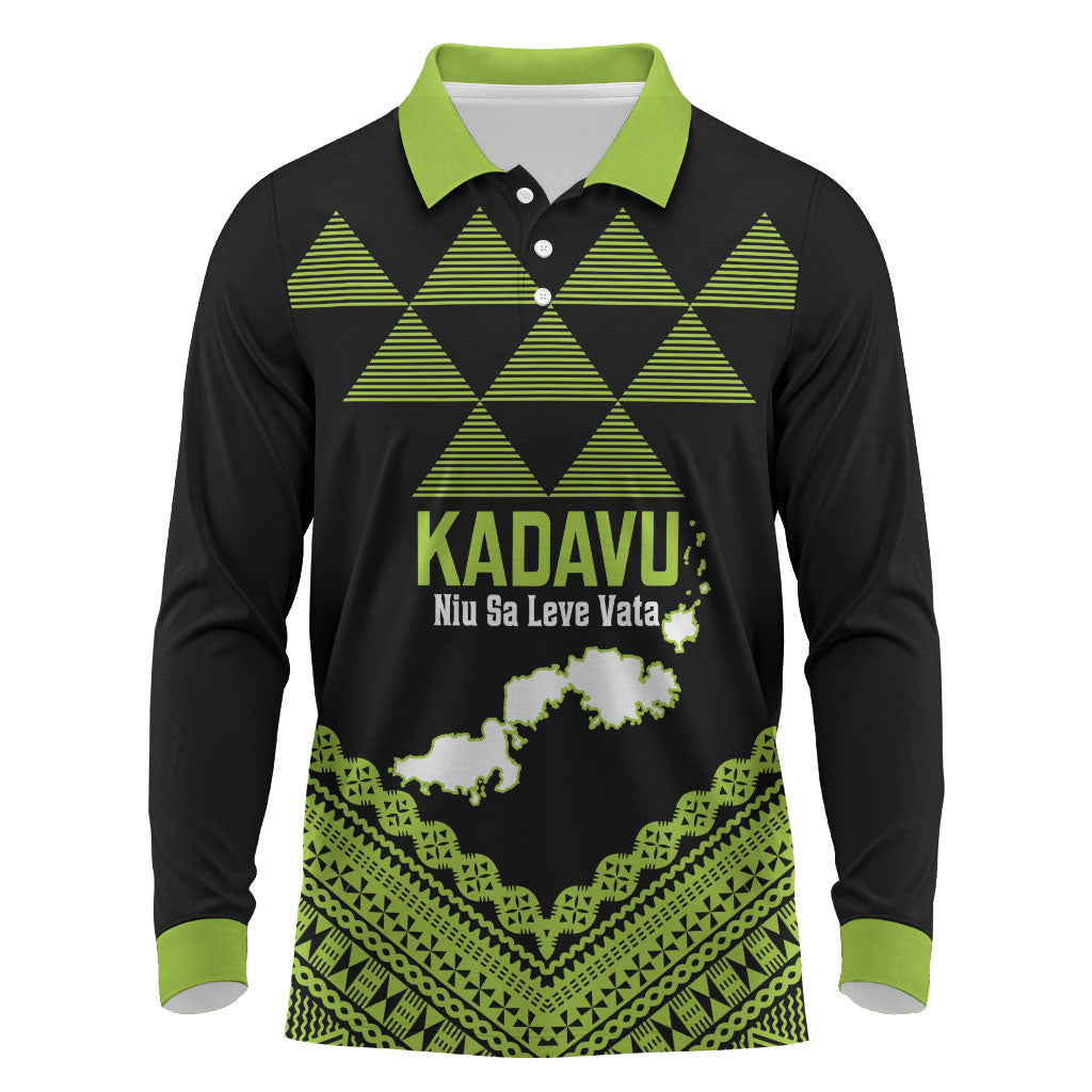 Kadavu Fiji 2026 Rugby Custom Long Sleeve Polo Shirt Niu Sa Leve Vata Fijian Tapa Pattern LT14 Black - Polynesian Pride