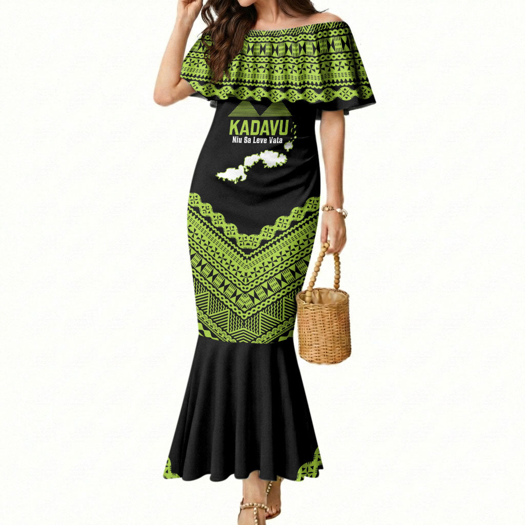 Kadavu Fiji 2026 Rugby Custom Mermaid Dress Niu Sa Leve Vata Fijian Tapa Pattern LT14 Women Black - Polynesian Pride