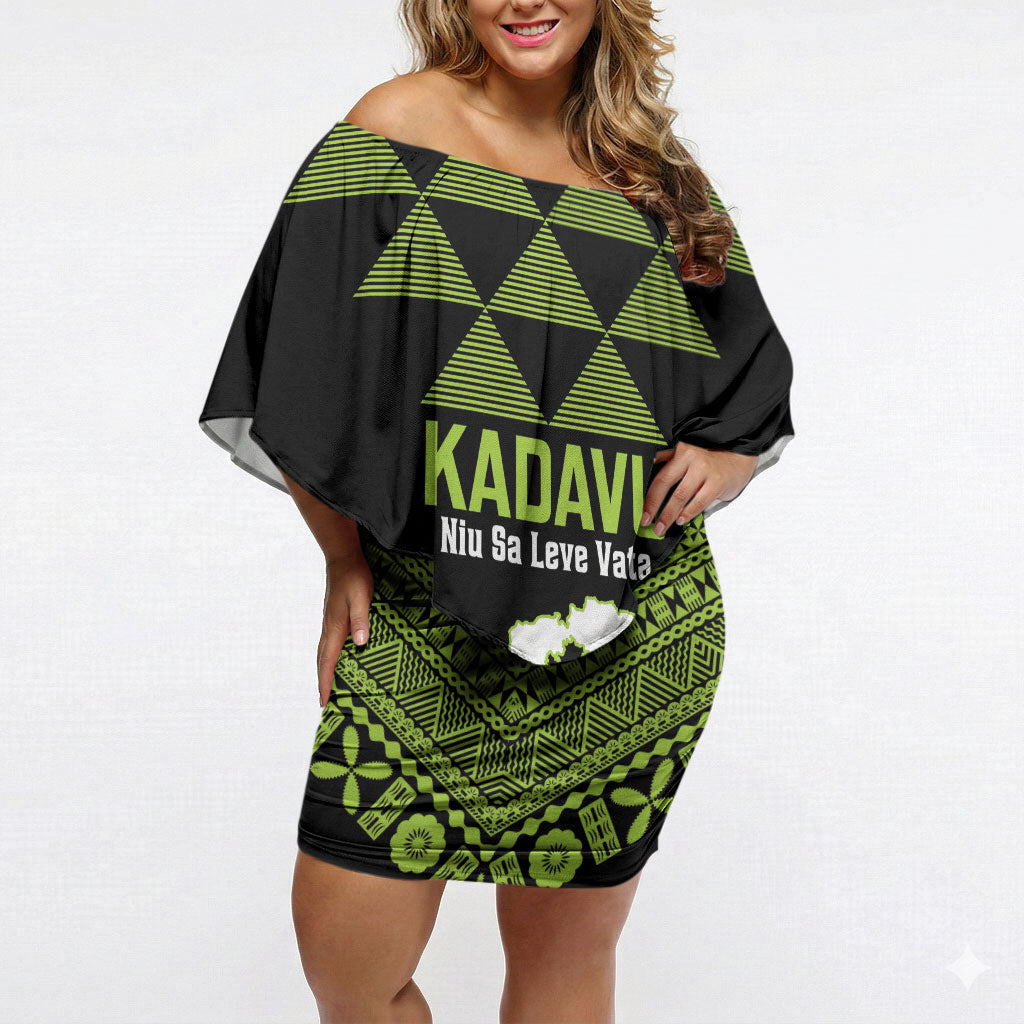 Kadavu Fiji 2026 Rugby Custom Off Shoulder Short Dress Niu Sa Leve Vata Fijian Tapa Pattern LT14 Women Black - Polynesian Pride