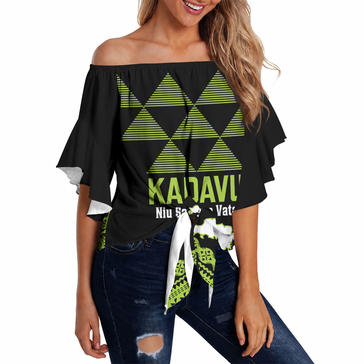 Kadavu Fiji 2026 Rugby Custom Off Shoulder Wrap Waist Top Niu Sa Leve Vata Fijian Tapa Pattern LT14 Black - Polynesian Pride