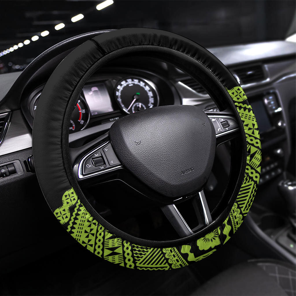 Kadavu Fiji 2026 Rugby Steering Wheel Cover Niu Sa Leve Vata Fijian Tapa Pattern LT14 Universal Fit Black - Polynesian Pride