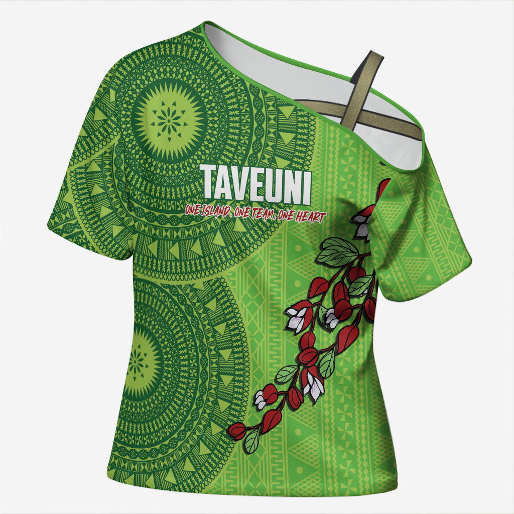 Taveuni Fiji 2026 Rugby Custom Cross Shoulder Shirt Tagimoucia Fijian Tapa Pattern LT14 Female Green - Polynesian Pride