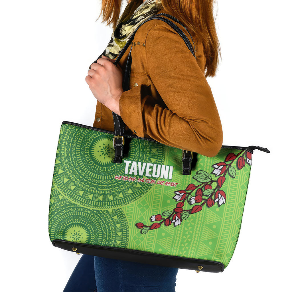 Taveuni Fiji 2026 Rugby Leather Tote Bag Tagimoucia Fijian Tapa Pattern LT14 Green - Polynesian Pride