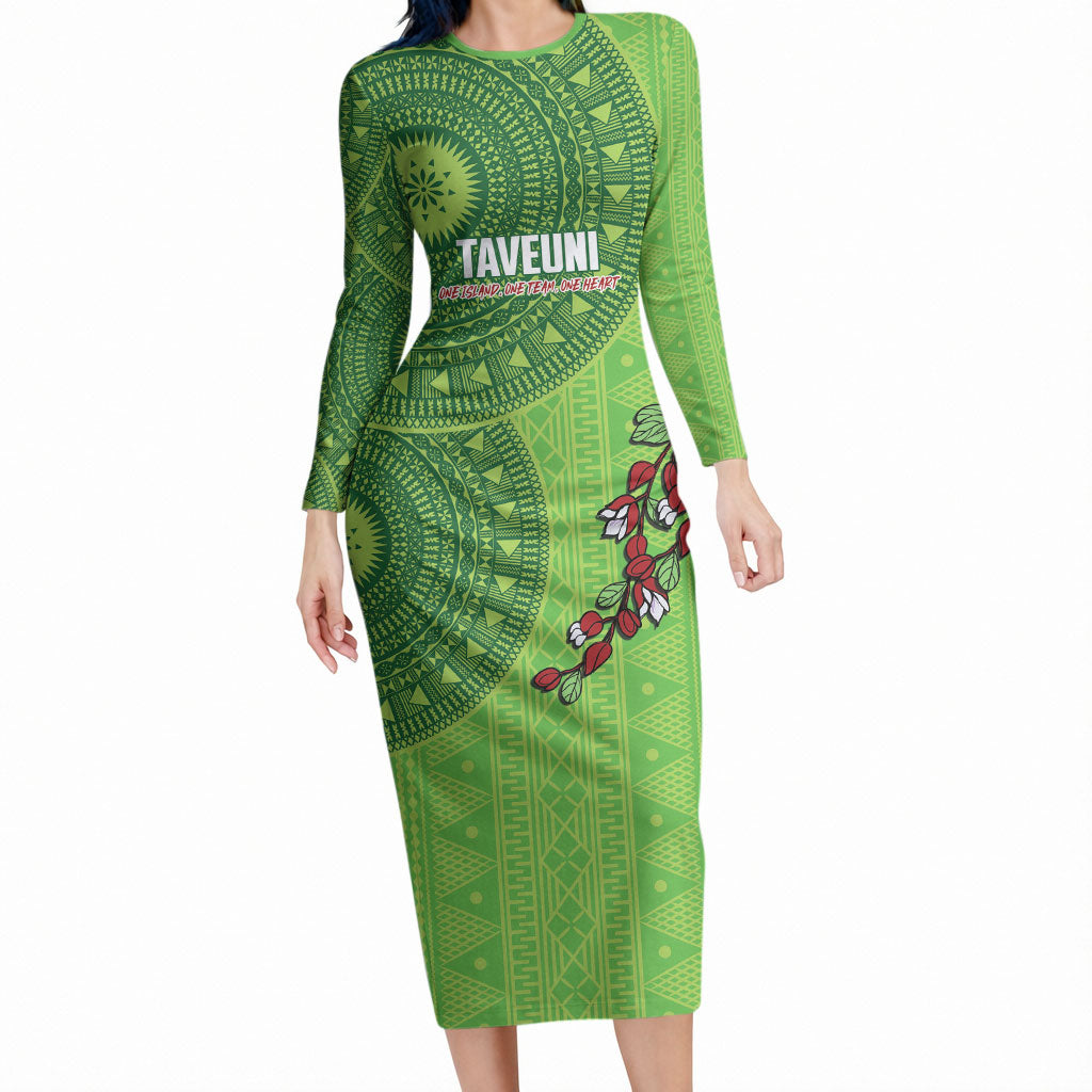 Taveuni Fiji 2026 Rugby Custom Long Sleeve Bodycon Dress Tagimoucia Fijian Tapa Pattern LT14 Long Dress Green - Polynesian Pride