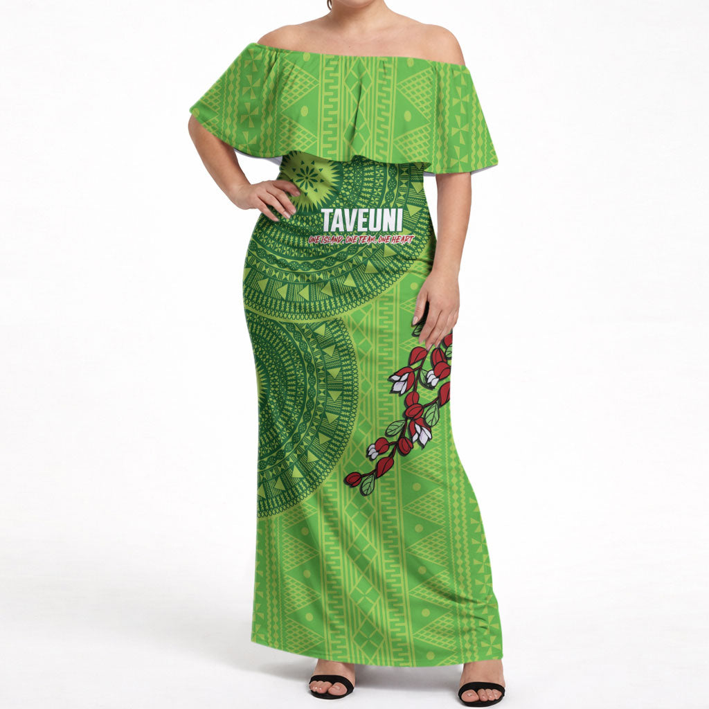 Taveuni Fiji 2026 Rugby Custom Off Shoulder Maxi Dress Tagimoucia Fijian Tapa Pattern LT14 Women Green - Polynesian Pride