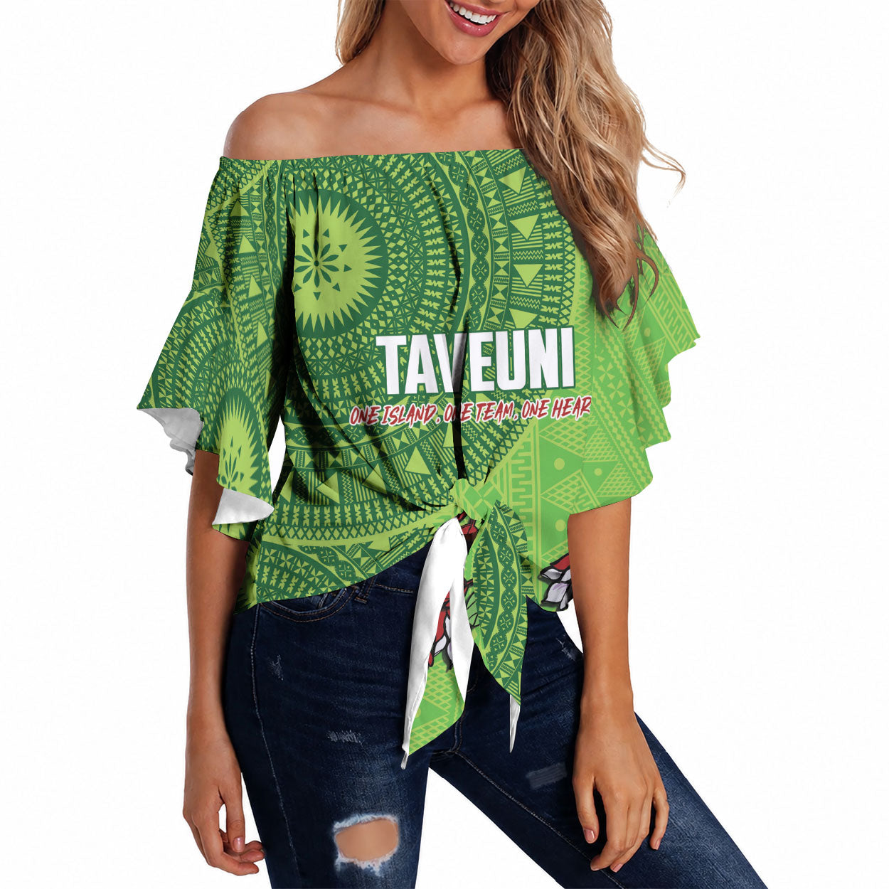 Taveuni Fiji 2026 Rugby Custom Off Shoulder Wrap Waist Top Tagimoucia Fijian Tapa Pattern LT14 Green - Polynesian Pride