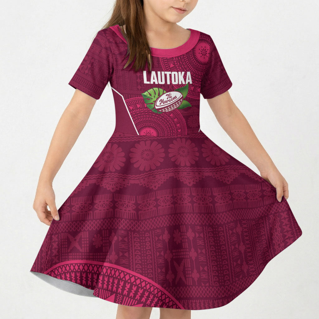 Lautoka Fiji 2026 Rugby Custom Kid Short Sleeve Dress Go Maroons Fijian Tapa Pattern LT14 KID Maroon - Polynesian Pride