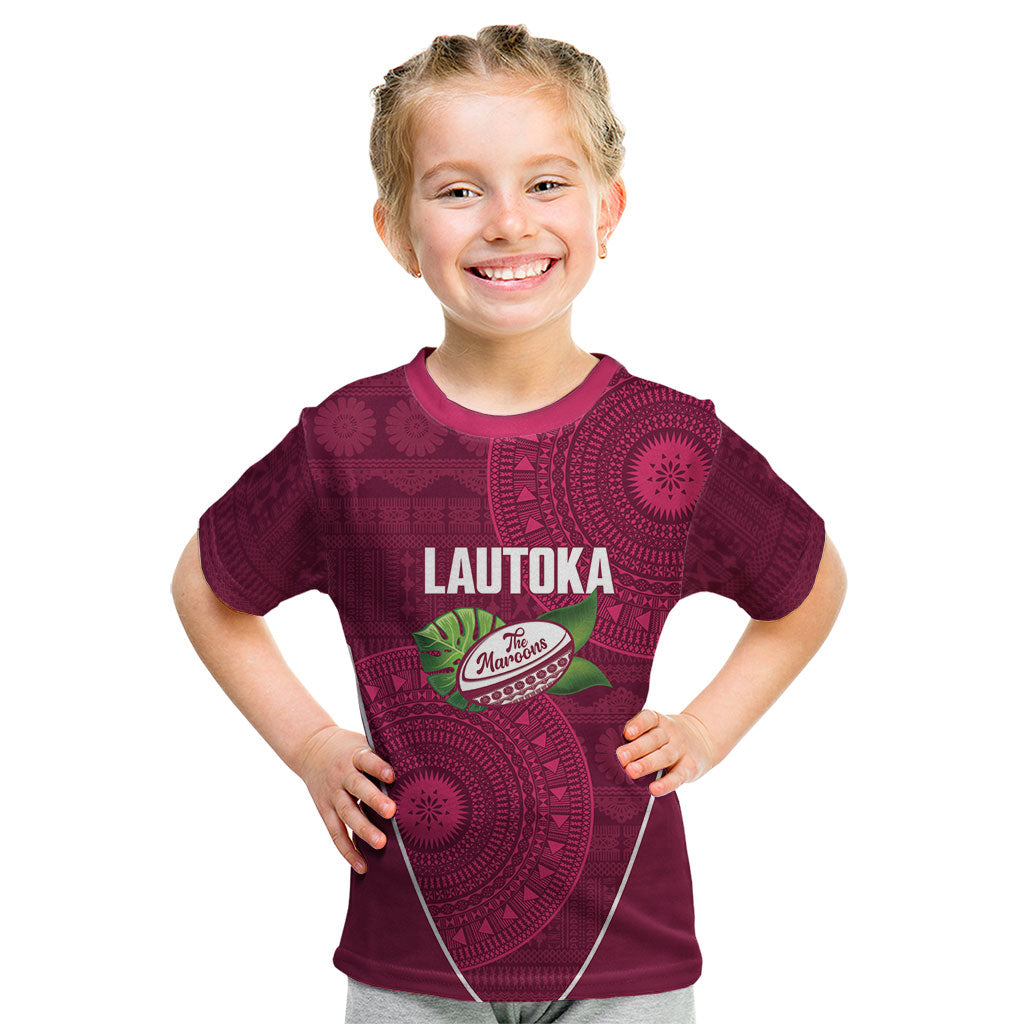 Lautoka Fiji 2026 Rugby Custom Kid T Shirt Go Maroons Fijian Tapa Pattern LT14 Maroon - Polynesian Pride