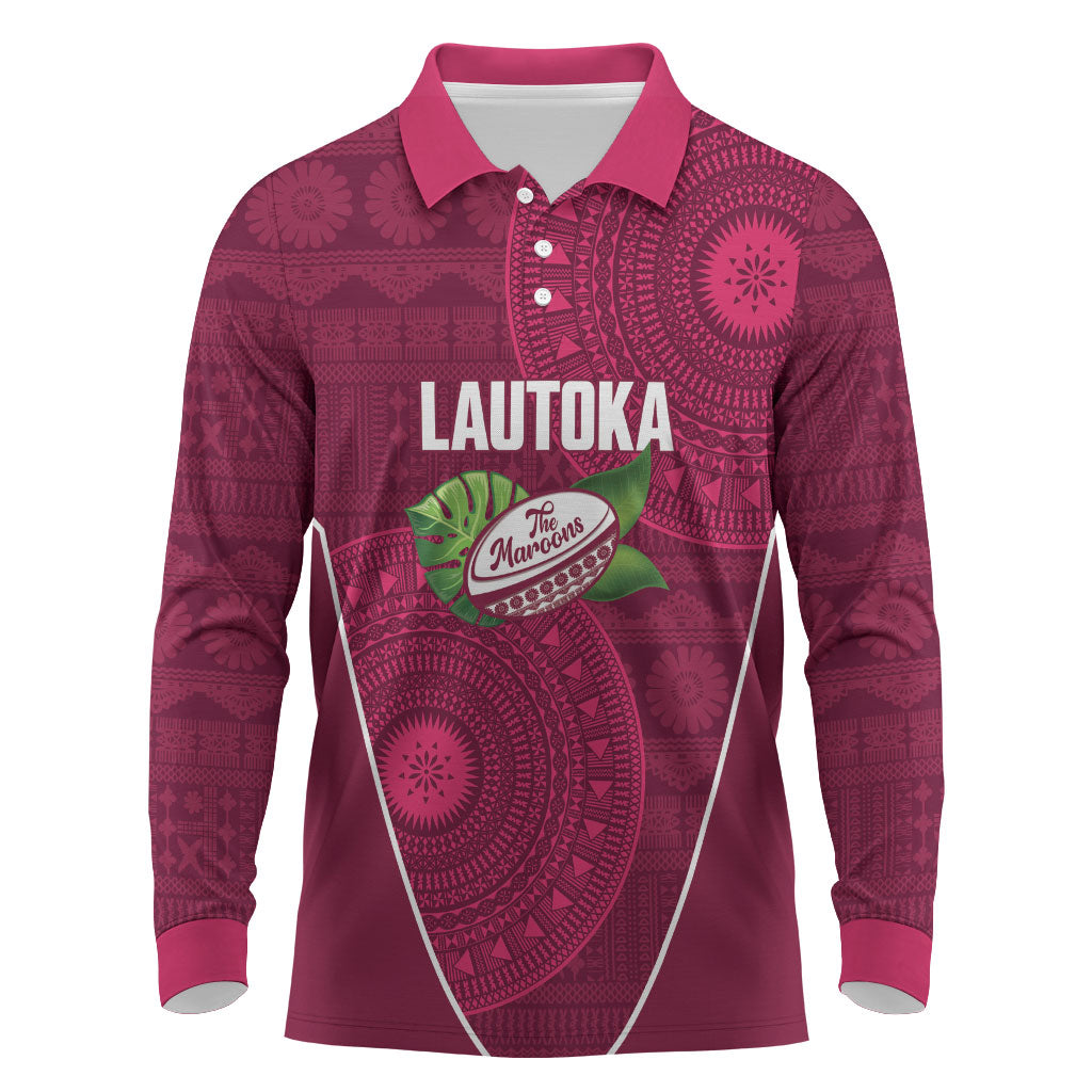 Lautoka Fiji 2026 Rugby Custom Long Sleeve Polo Shirt Go Maroons Fijian Tapa Pattern LT14 Maroon - Polynesian Pride