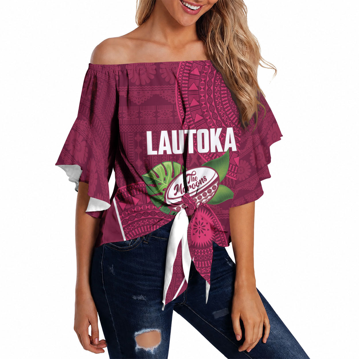 Lautoka Fiji 2026 Rugby Custom Off Shoulder Wrap Waist Top Go Maroons Fijian Tapa Pattern LT14 Maroon - Polynesian Pride