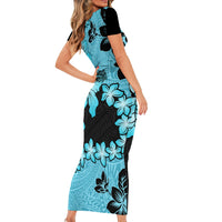 Blue Hawaii Short Sleeve Bodycon Dress Tapa Cloth Mix Tropical Flowers Pastel Vibes LT14 - Polynesian Pride