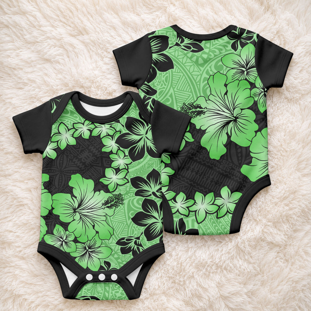 Green Hawaii Baby Onesie Tapa Cloth Mix Tropical Flowers Pastel Vibes LT14 - Polynesian Pride
