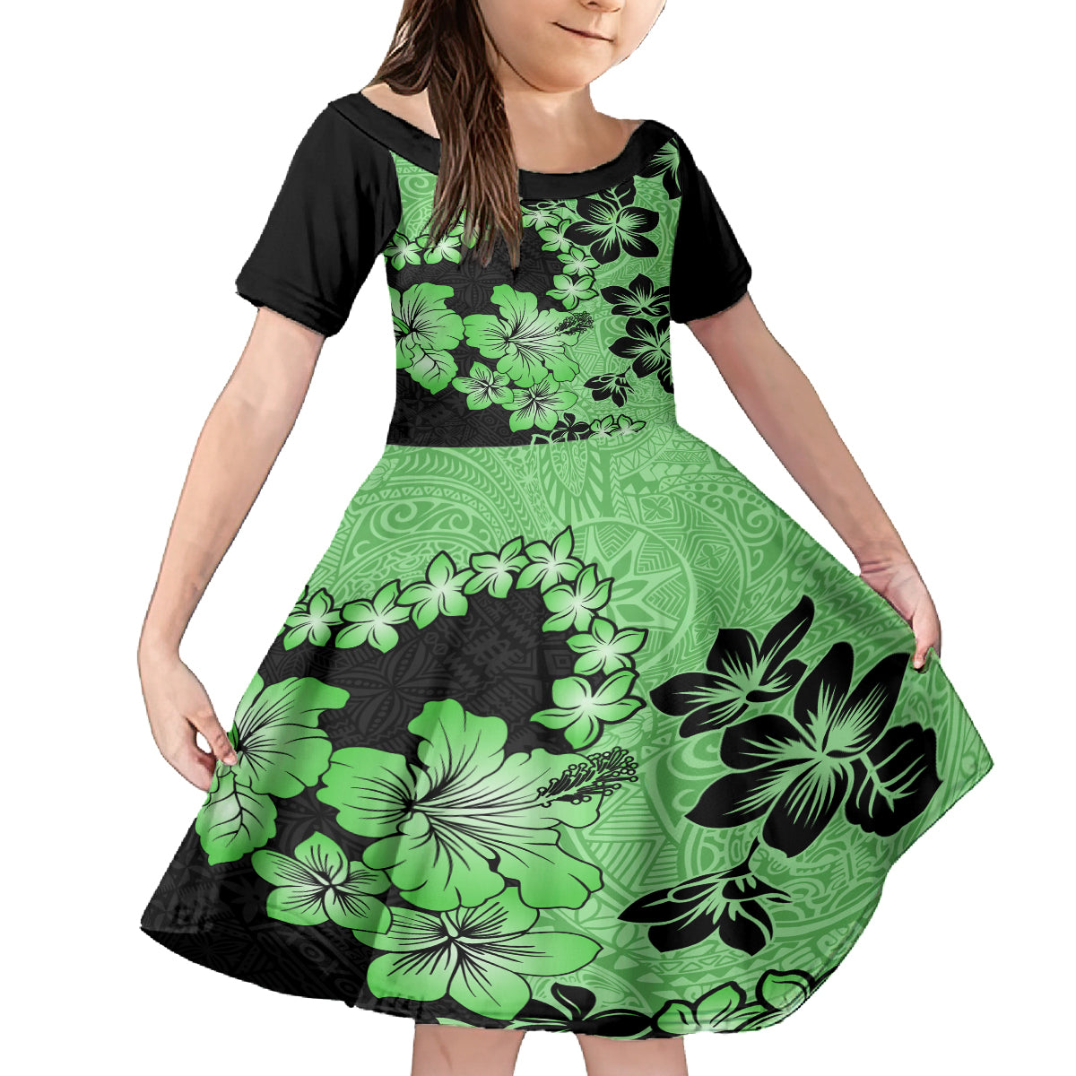 Green Hawaii Kid Short Sleeve Dress Tapa Cloth Mix Tropical Flowers Pastel Vibes LT14 KID Green - Polynesian Pride