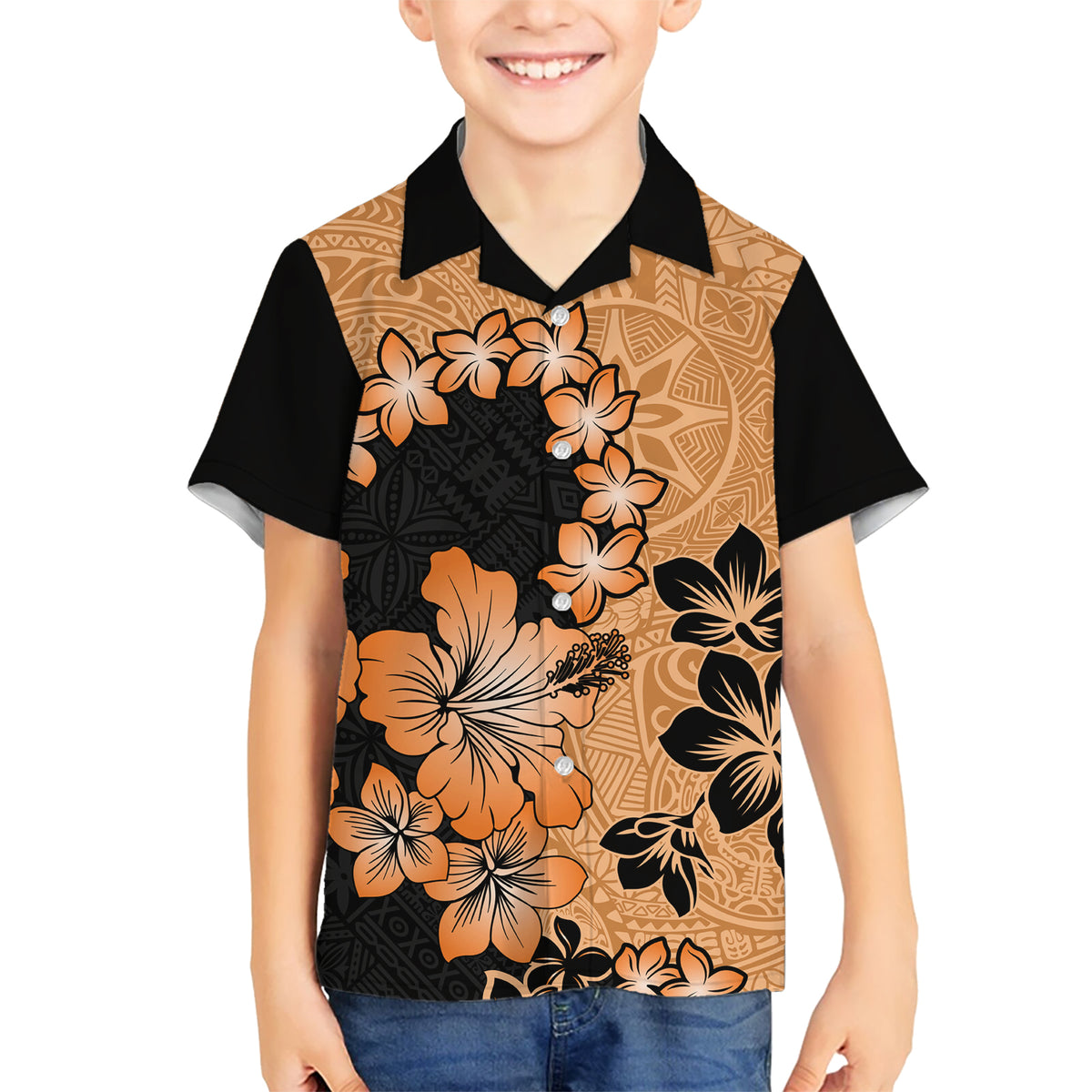 Orange Hawaii Kid Hawaiian Shirt Tapa Cloth Mix Tropical Flowers Pastel Vibes LT14 Kid Orange - Polynesian Pride