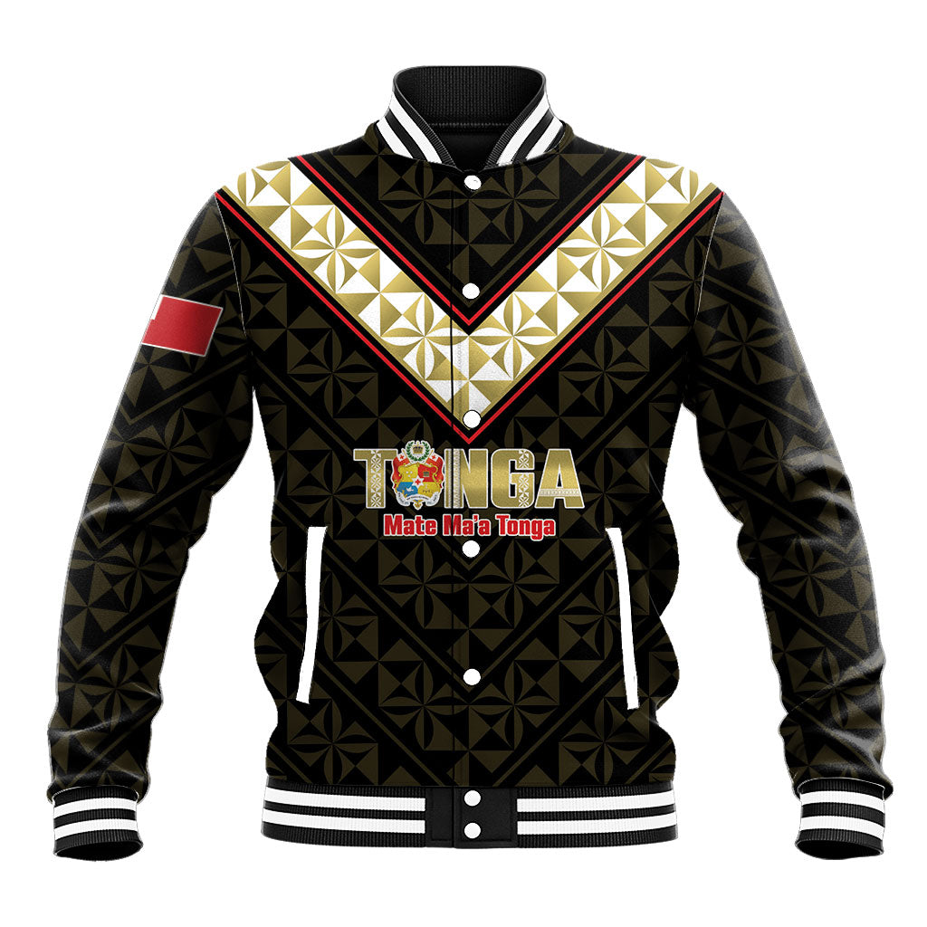 Mate Maa Tonga Rugby Custom Baseball Jacket 2026 Tongan Ngatu Pattern Black