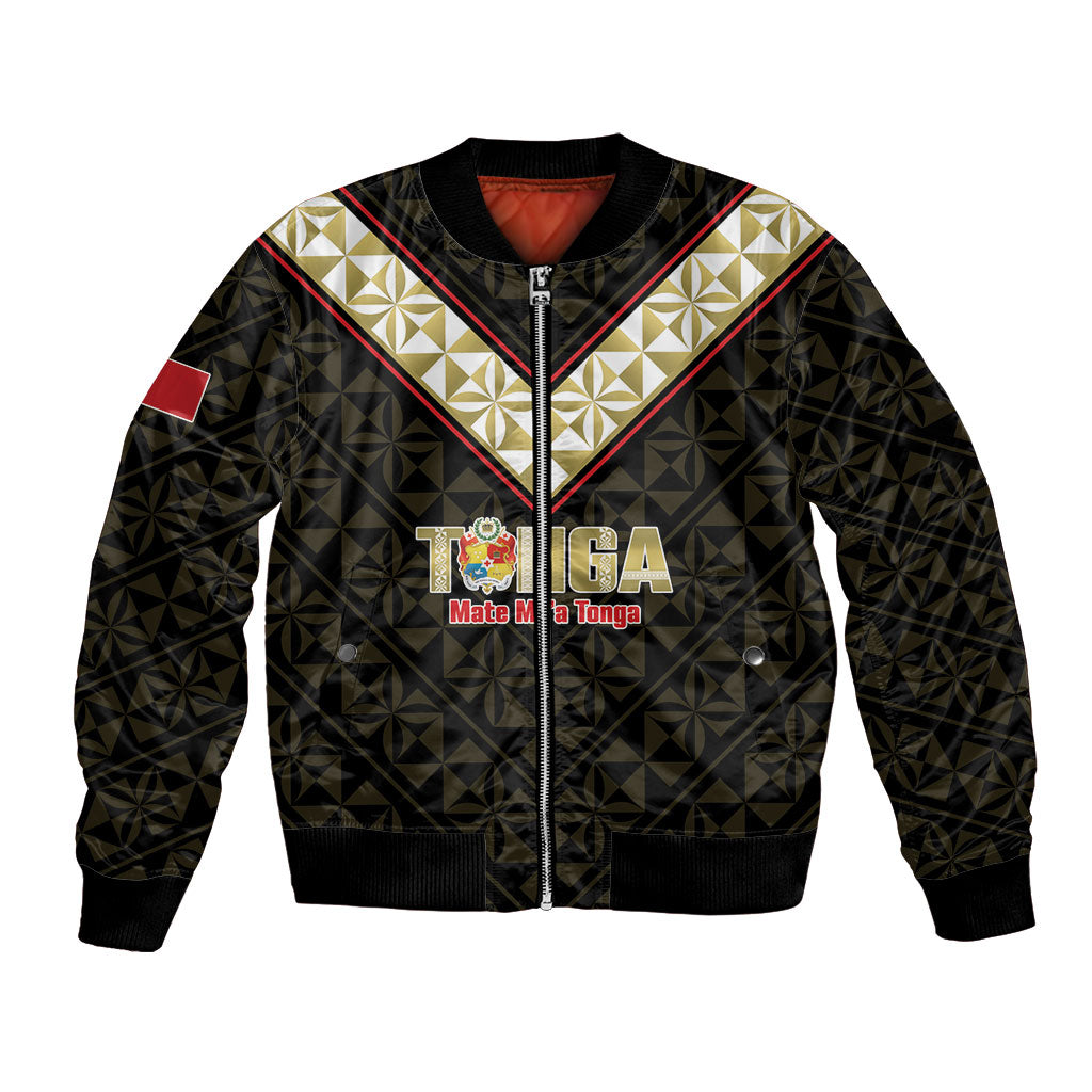 Mate Maa Tonga Rugby Custom Bomber Jacket 2026 Tongan Ngatu Pattern Black LT14 Unisex Black - Polynesian Pride