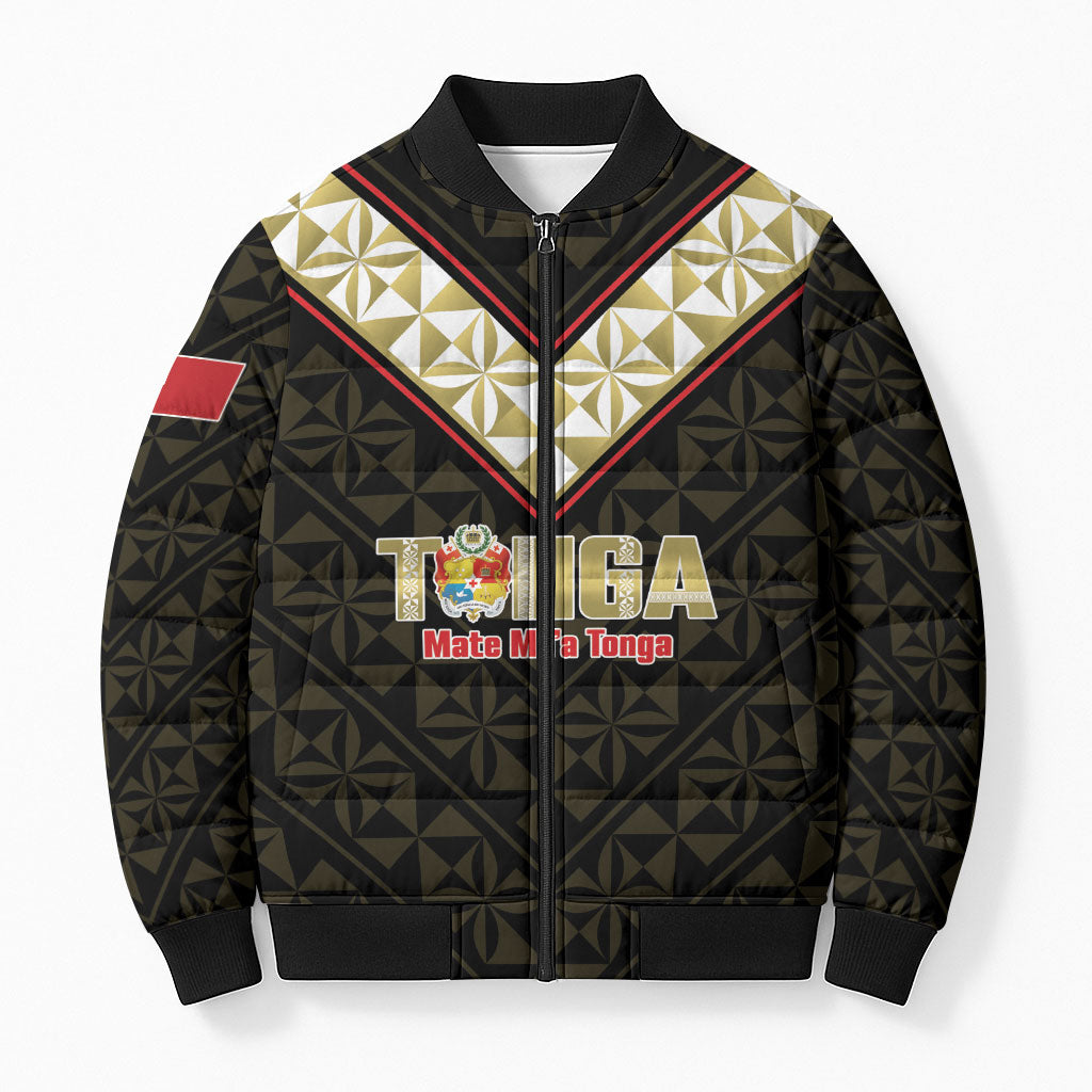 Mate Maa Tonga Rugby Custom Bomber Puffer Jacket 2026 Tongan Ngatu Pattern Black LT14 Unisex Black - Polynesian Pride