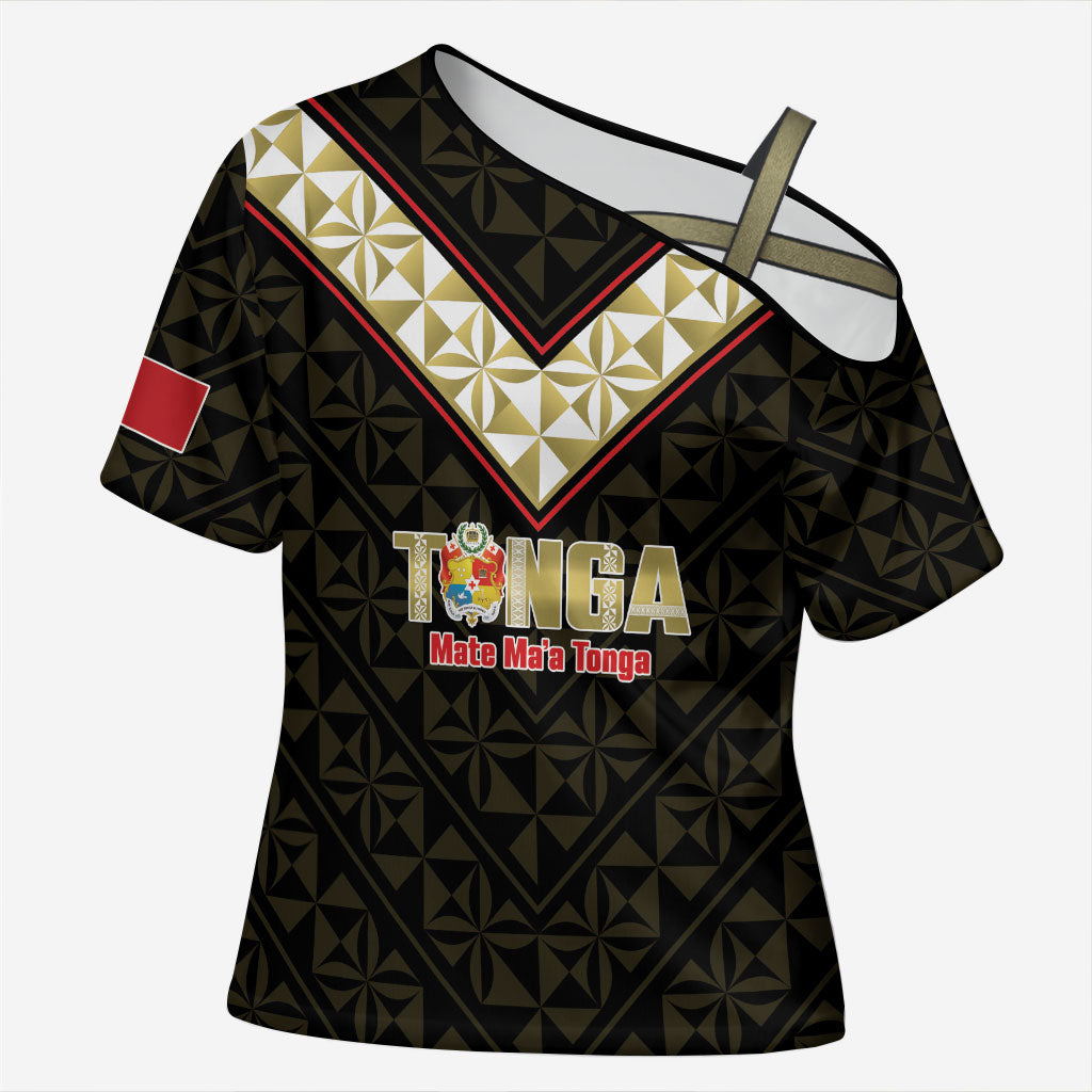 Mate Maa Tonga Rugby Custom Cross Shoulder Shirt 2026 Tongan Ngatu Pattern Black LT14 Female Black - Polynesian Pride