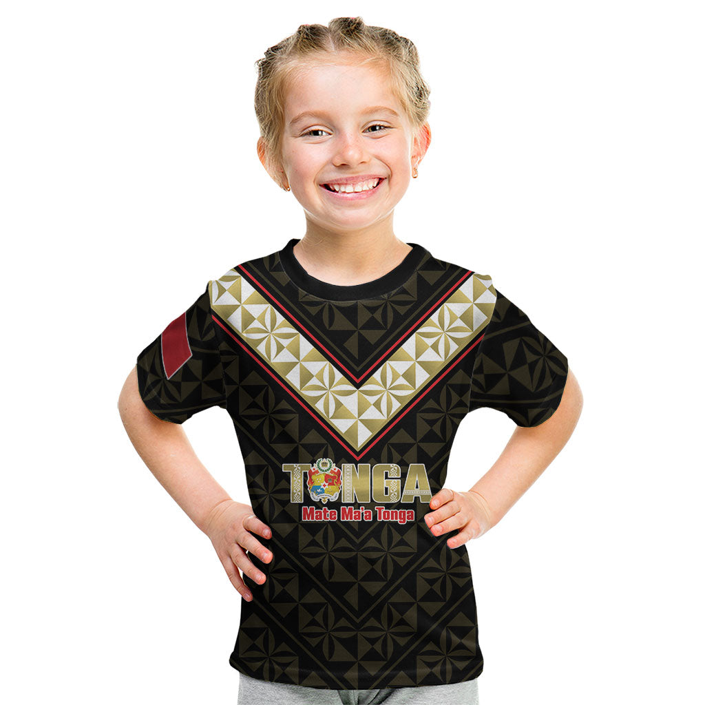 Mate Maa Tonga Rugby Custom Kid T Shirt 2026 Tongan Ngatu Pattern Black