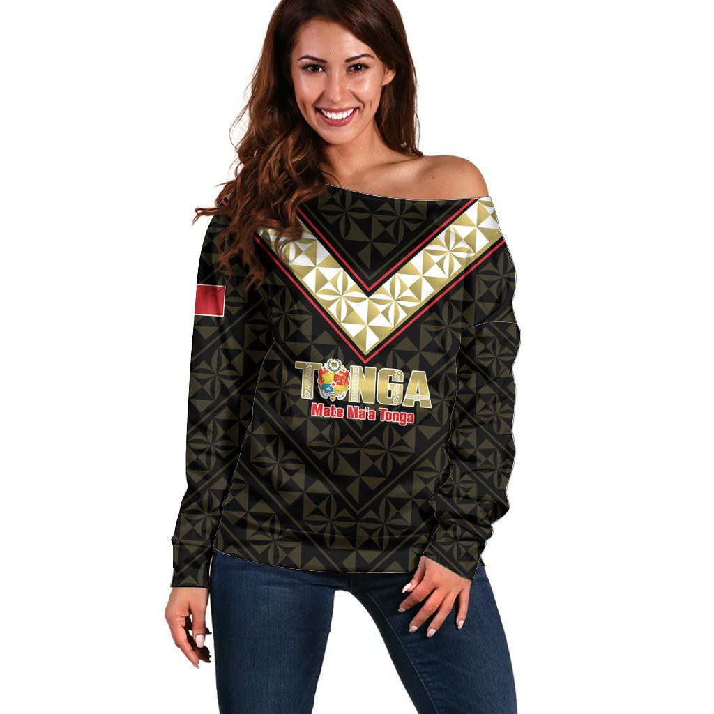 Mate Maa Tonga Rugby Custom Off Shoulder Sweater 2026 Tongan Ngatu Pattern Black LT14 Women Black - Polynesian Pride