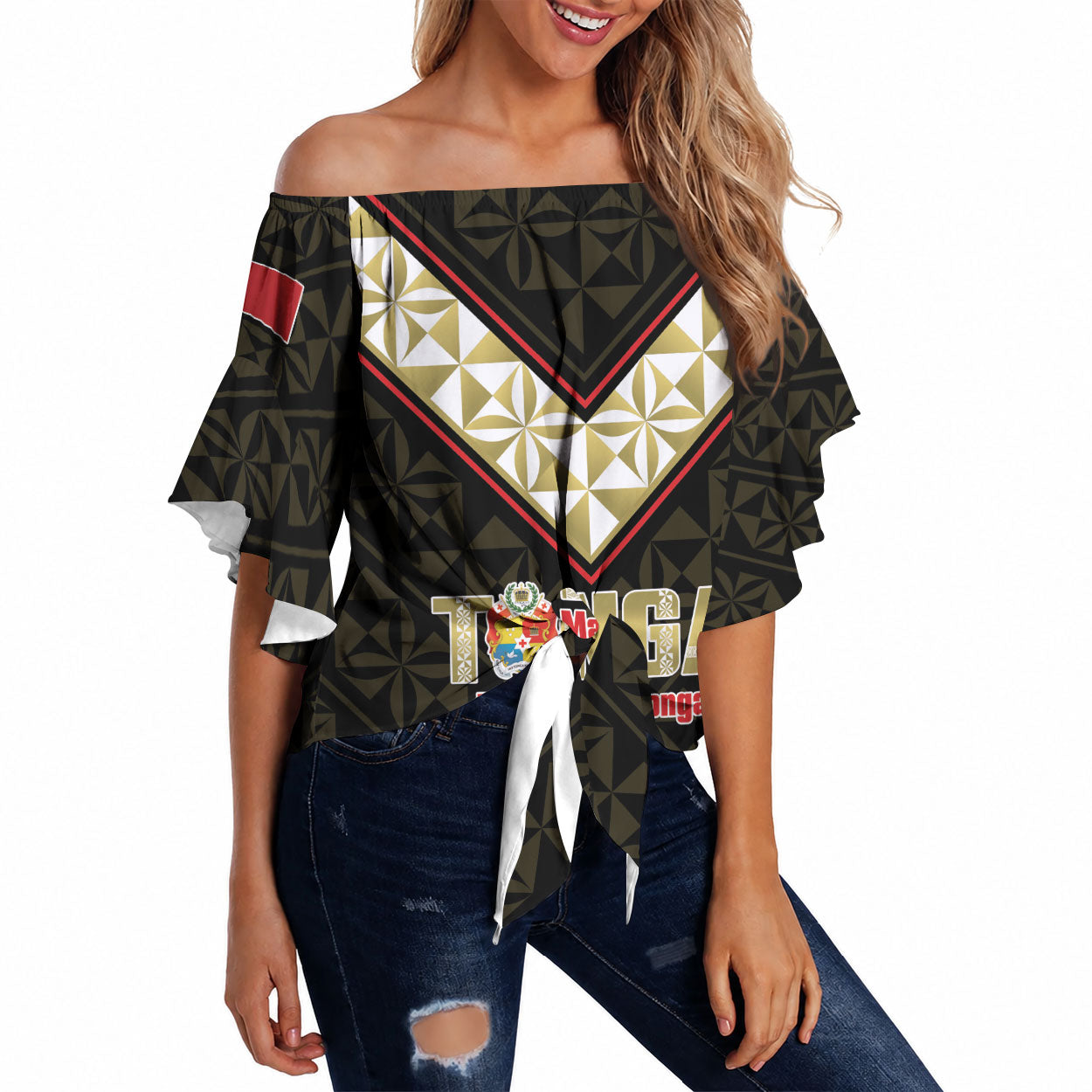Mate Maa Tonga Rugby Custom Off Shoulder Wrap Waist Top 2026 Tongan Ngatu Pattern Black LT14 Black - Polynesian Pride