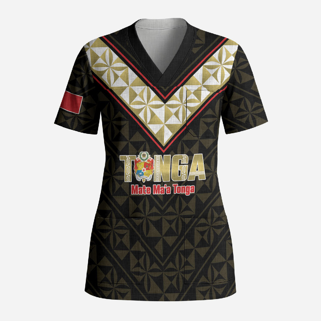 Mate Maa Tonga Rugby Custom Scrub Top 2026 Tongan Ngatu Pattern Black LT14 Adult Black - Polynesian Pride
