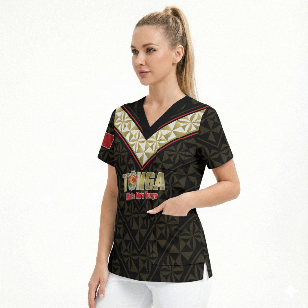 Mate Maa Tonga Rugby Custom Scrub Top 2026 Tongan Ngatu Pattern Black LT14 - Polynesian Pride