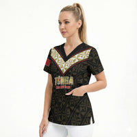 Mate Maa Tonga Rugby Custom Scrub Top 2026 Tongan Ngatu Pattern Black LT14 - Polynesian Pride