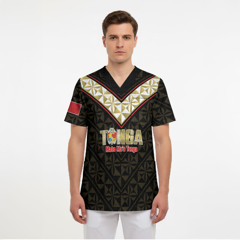 Mate Maa Tonga Rugby Custom Scrub Top 2026 Tongan Ngatu Pattern Black LT14 - Polynesian Pride