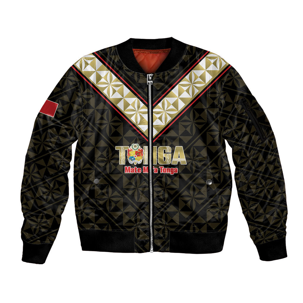 Mate Maa Tonga Rugby Custom Sleeve Zip Bomber Jacket 2026 Tongan Ngatu Pattern Black LT14 Unisex Black - Polynesian Pride